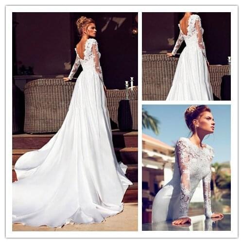 MANSA 2015 A Line Wedding Dresses Fashionable Long Sleeve Wedding Dress Open Back Lace And Chiffon Bridal Gowns Vintage