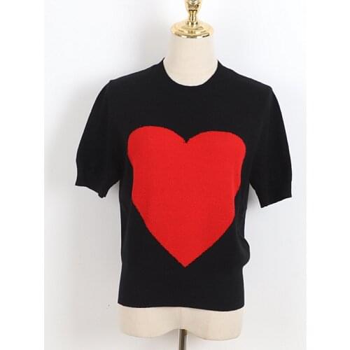 Summer Cute Love Pattern Jacquard T-Shirt Womens Thin Knit Short Sleeve Knit Top Slim Body Korean Fashion Pullover Sweater