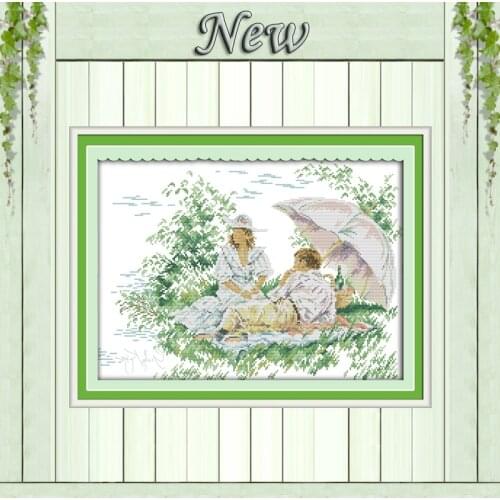 Couples Picnic in garden scenery painting counted print on canvas DIY 14CT 11CT DMC Cross Stitch kits Needlework Sets Embroidery