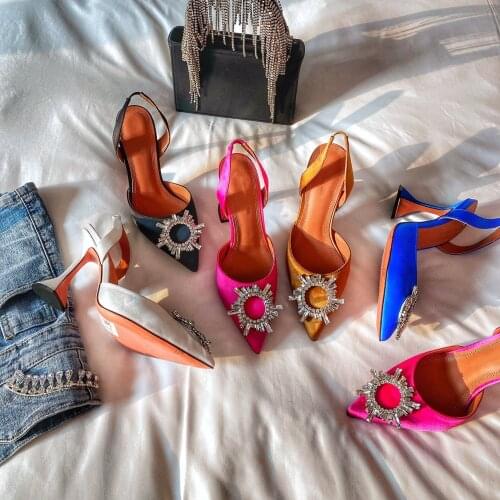 European and American 2021 Summer New Pointed High Heel Womens Shoes SUNFLOWER Drill Buckle Closed Toe Wine Cup Heel Sandals