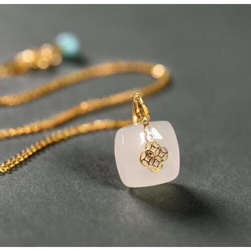 New Silver Hetian Square Jade Pendant Necklace Exquisite Gold Cold Wind Light Luxury Charm Noble Women Brand Jewelry