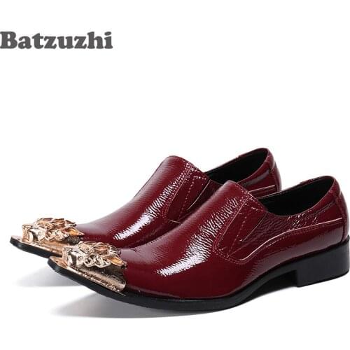 Batzuzhi Chaussures Hommes Formal Men Shoes Leather Gold Metal Tip Business Wine Red Wedding & Party Shoes Men, Big Size US6-12