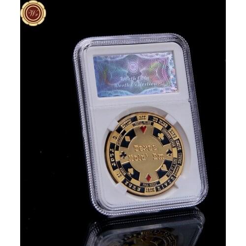 WR New Poker Token Coin Unbeatable Poker Hand Gold Plated Poker Coin with Plastic Case for Casino Game and Collection