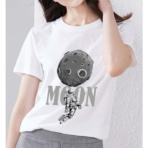 Womens White T-shirt Casual Cartoon Moon Surface Printing All-match Series Tops Comfortable Ladies Fashion Slim Round Neck Tops