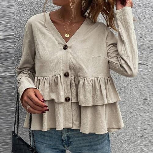 Cotton V-neck Women Shirt Long Sleeve Sing Breasted Casual Womens Shirts Slim Lotus Leaf Hem 2021 Autumn New Fashion Top Female