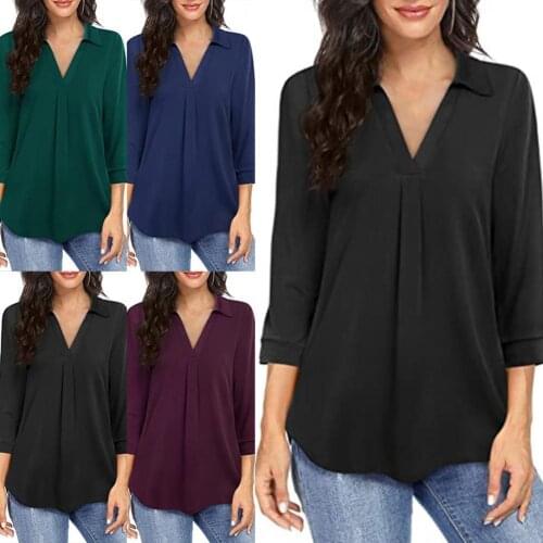 2021 Casual Lady Shirt Solid Color V Neck Autumn Loose 3/4 Sleeve Chiffon Shirt Streetwear Turndown Collar Autumn Elegant Shirt