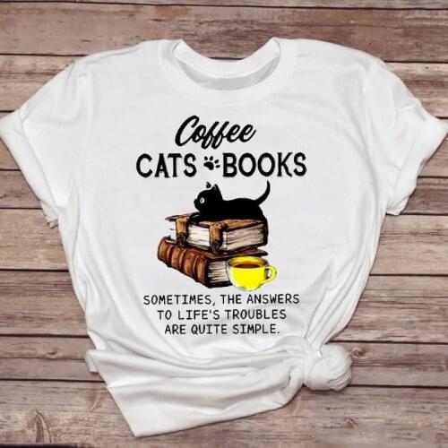 Women T-shirts Printing Cat Coffee Paw Short Sleeve Cute 90s Animal Top Lady Tshirt Female Ladies Print Graphic Tee T-Shirt