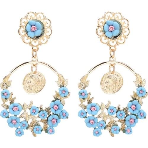 Hot Sale 4 Color Big Circle Flower Crystal Vintage Maxi Long Wedding Earrings For Women Statement Bohemian Pendientes Mujer