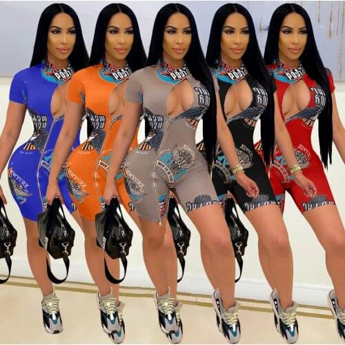 Zoctuo Womens Playsuit Jumpsuit Letter Print O-neck Rompers And Jumpsuits Short Sleeve Party Club Zipper Hole One Piece Outfits