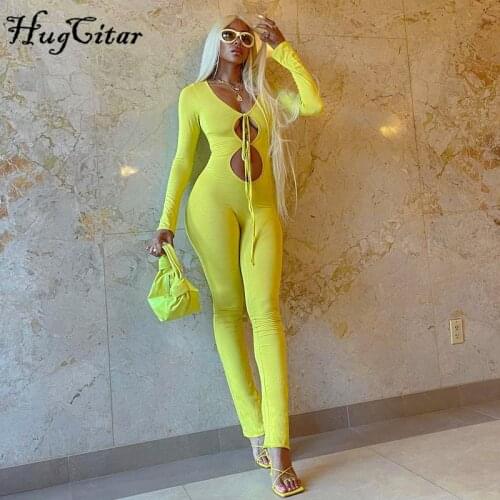 Hugcitar 2021 Solid Long Sleeves Bandage Cut Out Sexy Jumpsuit Summer Autumn Women Fashion Streetwear Outfits Party Elegant Wear