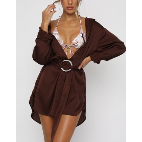 Sexy Dresses Autumn Women Casual Shirt Dress Adults Button-down Solid Color/Printed Pattern Long Sleeve V-neck with Belt Dress