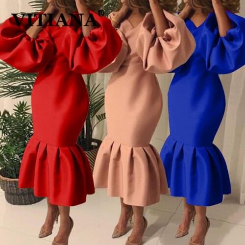 VITIANA Women Black Fashion Dress Autumn 2021 Female Yellow Puff Sleeve Trumpet Dresses Femme Africa Elegant Party Vestidos