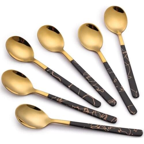 Golden Stainless Steel Black Spoon for Coffee Chocolate Afternoon Hot Tea Party, Silverware Flatware Teaspoon Sets 6Pack