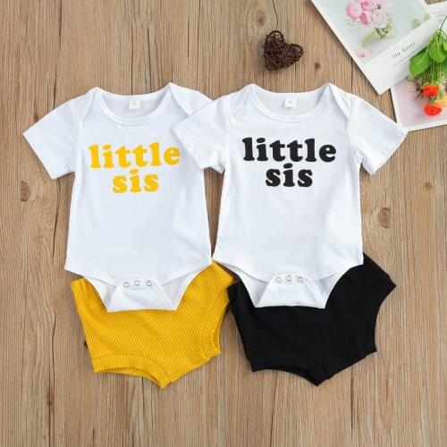 Two Piece Baby Girls Clothes 2Pcs Baby Casual Outfits Letter Print Short Sleeve Round Neck Romper Ribbed Shorts Outfits