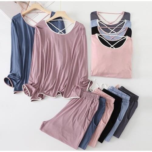 Modal Casual 2PCS Pajamas Suit Womens Sexy Backless Top&Pant Sleepwear Spring Autumn New Pyjama Nightwear Fashion Home Wear