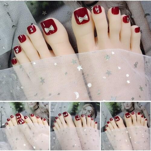 24PCS Short Burgundy Fake Toenails with Rhinestone Square Adhesive/Wearable Red Toes Nails Extension for Toe Nail Artist