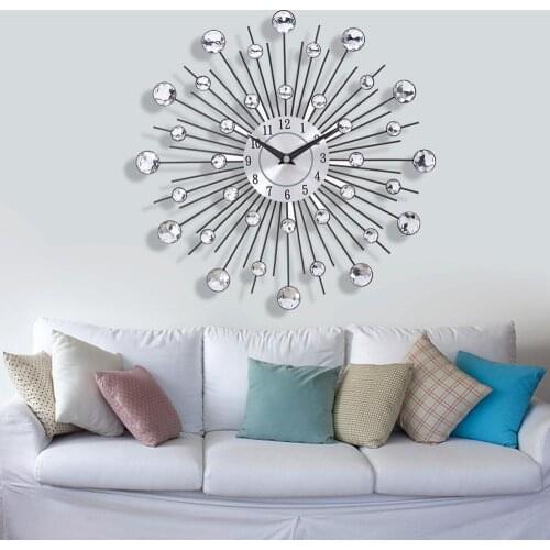 33cm Vintage Metal Crystal Sunburst Wall Clock Luxury Diamond 3D Large Morden Wall Clock Da Parete Clock Design Home Decor