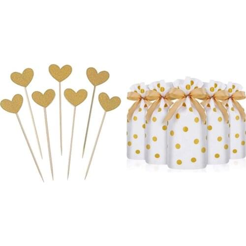50Pcs Golden Love Heart Cake Dessert Inserted Card Cupcake & 50 Pcs Treat Bags With Drawstring Candy Bags, Favor Bag