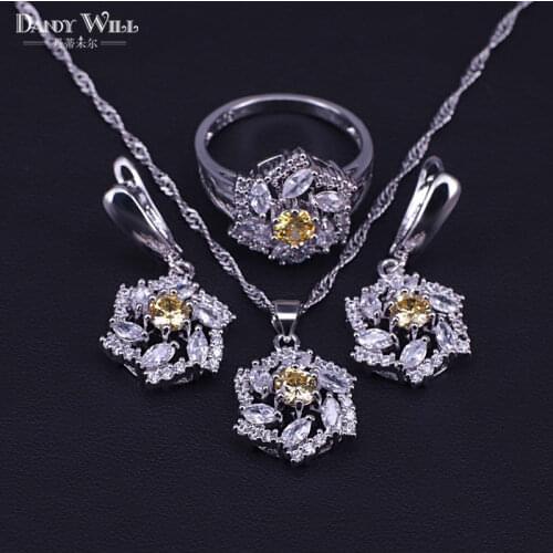 6 colors silver Color Costume Sparking Yellow Cubic Zircon jewelry pendant/earrings/ring/necklace bridal jewelry set