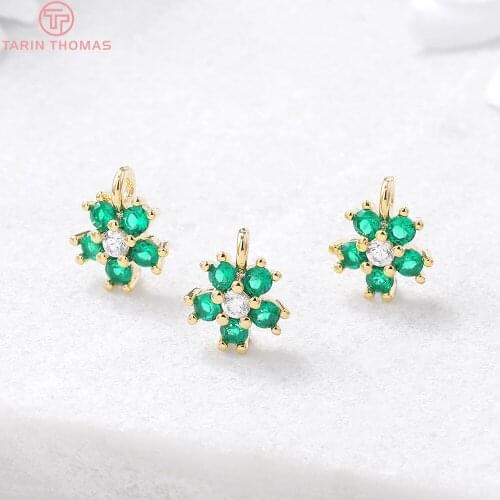 4PCS 7x8MM Hole 1MM 24K Gold Color Plated Brass with Zircon Flower Charms Pendants High Quality Diy Jewelry Accessories