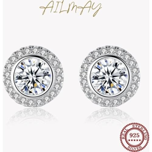 Ailmay 925 Sterling Silver Round Earrings Classic Luxury Full Cubic Zirconia Earrings For Women Wedding Engagement Jewelry