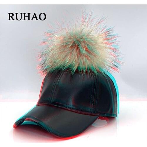 New product baseball cap leather casual fashion detachable real fur ball Snapback Bone Cap high quality young women hat