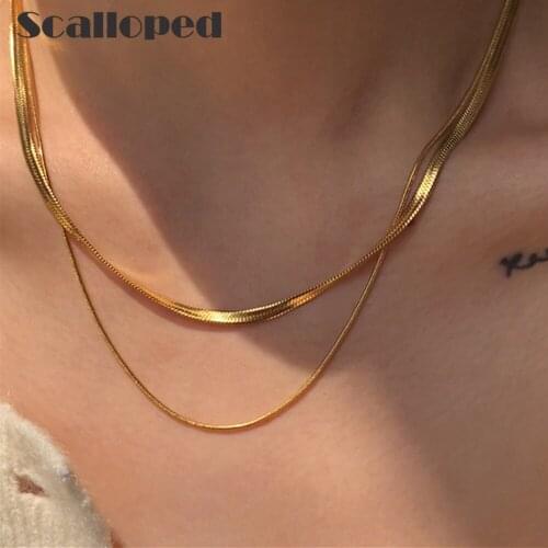 SCALLOPED European Hip Hop Stainless Steel Snake Chain Necklace Women Girls Minimalist Style Choker Statement Jewelry