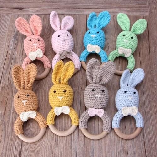 Baby Bunny Ear Teether Wooden Teething Ring Newborn Sensory Toy Shower Gift