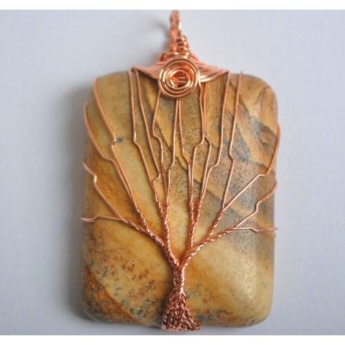 Tree of Life -Copper Wire Wrap Women Jewelry For Necklace Natural Picture Jaspers Bead Rectangle Pendant 1Pcs K2037