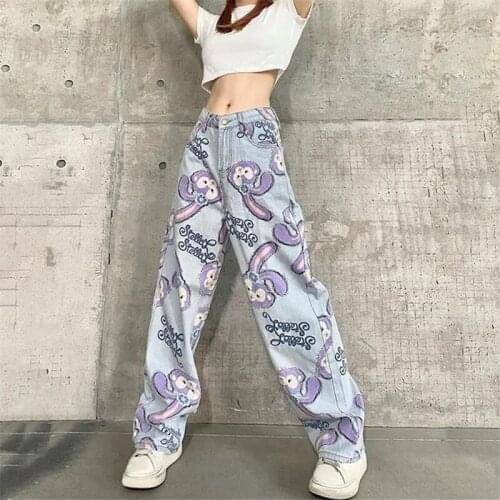 Womens Fashion Jeans Spring Autumn Printed High Waist Washed Button Zipper Pocket Street Commuter Denim Straight Female Pants