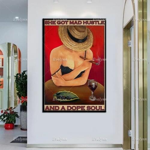 Hippie Girl Smoke Smoking Cigar Weed She Got Mad Hustle And A Dope Soul Poster Wall Art Prints Home Decor Canvas Unique Gift