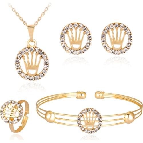 HC 4Pcs Round Necklace Bracelet Earrings Sets for Children Kids Lovely Gifts Fashion Cartoon Crown Crystal Baby Jewelry Sets T
