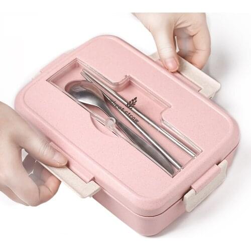 Microwave Lunch Box with Spoon Chopsticks Food Storage Container Wheat Straw Dinnerware Children Kids School Office Bento Box