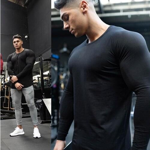 Mens Brand Solid Color Fitness Fashion Long Sleeve Clothing Bodybuilding Breathable Autumn and Winter Trend Slim Sports T Shirt