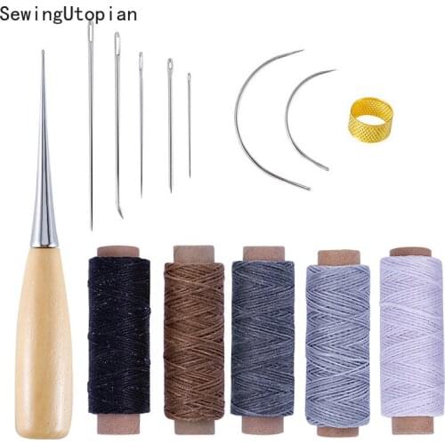 Leather Craft Stitching Tools Set with Hand Sewing Needles Awl Thimble Waxed Thread for DIY Leathercraft Sewing