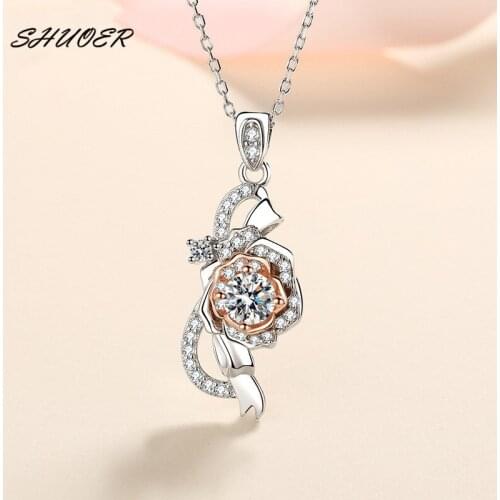 Real 925 Sterling Silver Brilliant Cut 0.5 Carat Pass Diamond Tester Rose Gold Blossom Wedding Pendant Necklace Women Jewelry
