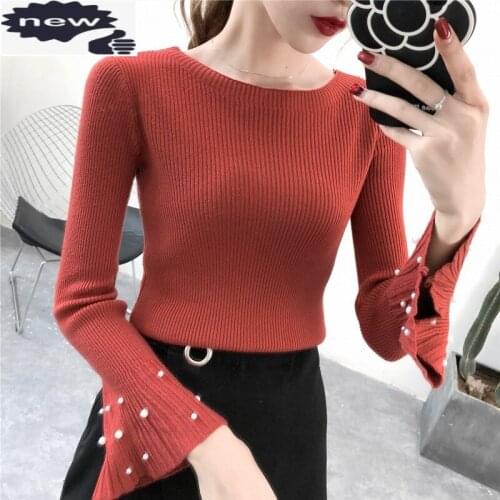 New Autumn Casual Flare Knitted Ladies Sweater O-Neck Beading Harajuku Womens Pullover Full Sleeve Slim Fit Female Jumper