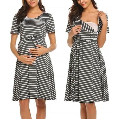 Maternity Nursing Pajamas Nightgowns Breastfeeding Nightdress Maternity Striped Pajamas Pregnant Women Short Sleeve Nightwear