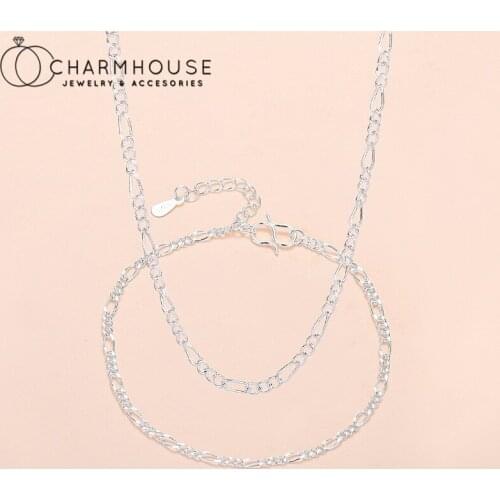 Silver 925 Jewelry Sets For Women 2mm Figaro Chain Bracelet & Necklace 2 pcs Jewellery Set Pulseira Collier Minimalst Accesories
