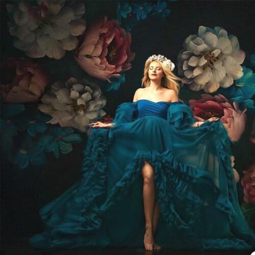 Pretty Blue Ruffles Tulle Maternity Sleepwear Dress For Photoshoot Full Sleeves Women Dresses Robe Bathrobe Nightwear