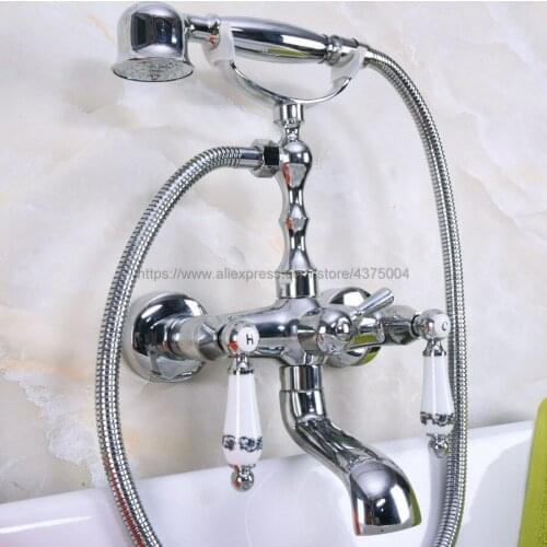 Bathtub Faucets Chrome Wall Mounted Bathtub Mixer Faucet Double Handle Tub Water Taps With Ceramic Handshower Nna205