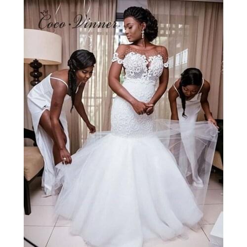 Short Sleeves Boat Neck Quality Lace Mermaid Wedding Dress 2021 Appliques With Beading Custom Made Wedding Dresses W0599