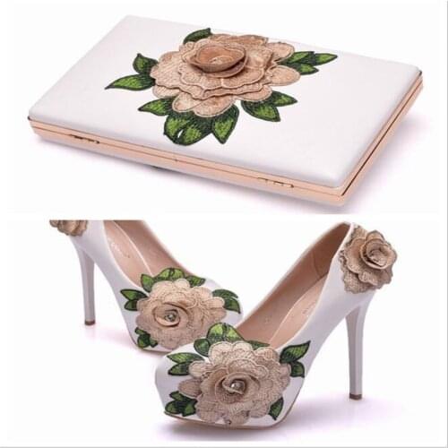 Blue Lace Flower Bride Shoes High Heel Wedding Dress Shoes With Matching Bag Customized Ceremony Pumps With Purse