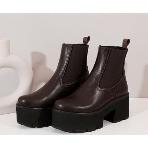 US4-11 Womens Round Toe Platform Ankle Boots Motorcycle Block High Heel Shoe Warm Winter Punk Pull On Plus Size Black Coffee