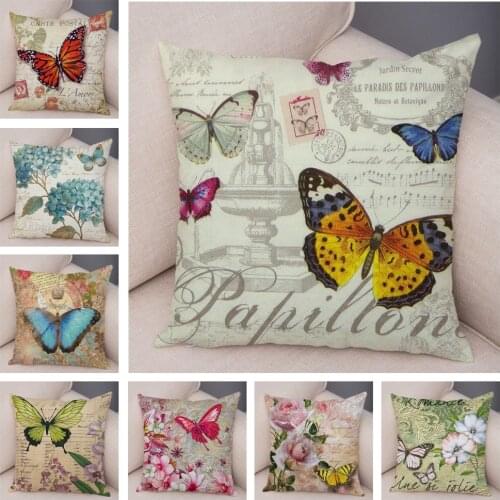Europe Style Vintage Butterfly Pillow Case Decor Old Poster Pillowcase Soft Plush Cushion Cover for Sofa Home Car 45x45cm