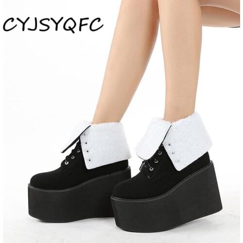 CYJSYQFC Suede Leather Lace Up Platform Ankle Boots For Women Punk Style Thick Bottom Wedge Inside Plush Lady Motorcycle Boots