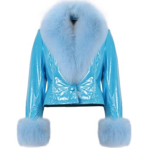 YOLOAgain Spring Women Real Fox Fur Collar Patent Leather Short Jacket Sheepskin