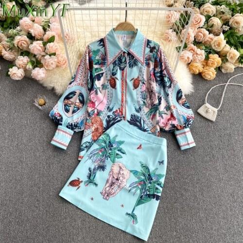 Womens Spring Autumn Vintage Print 2 Pcs Outfits 2021 New Office Lady Graceful Puff Full Sleeve Shirt+mini High Waist Skirt Set