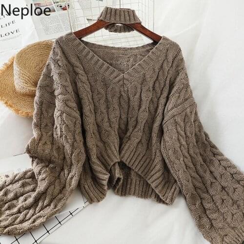 Neploe 2020 Winter Twisted Pullover Sweaters Female Knit Pullover Long Sleeve V Neck Crop Sweater Tops Korean Solid Pull Femme