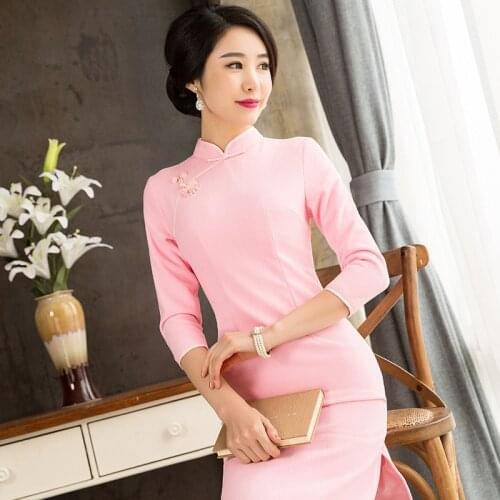 Pink Elegance Women Long Cheongsam Short Middle Sleeve Chinese Traditional Dress Female Vintage Women Qipao Oriental Dresses 89
